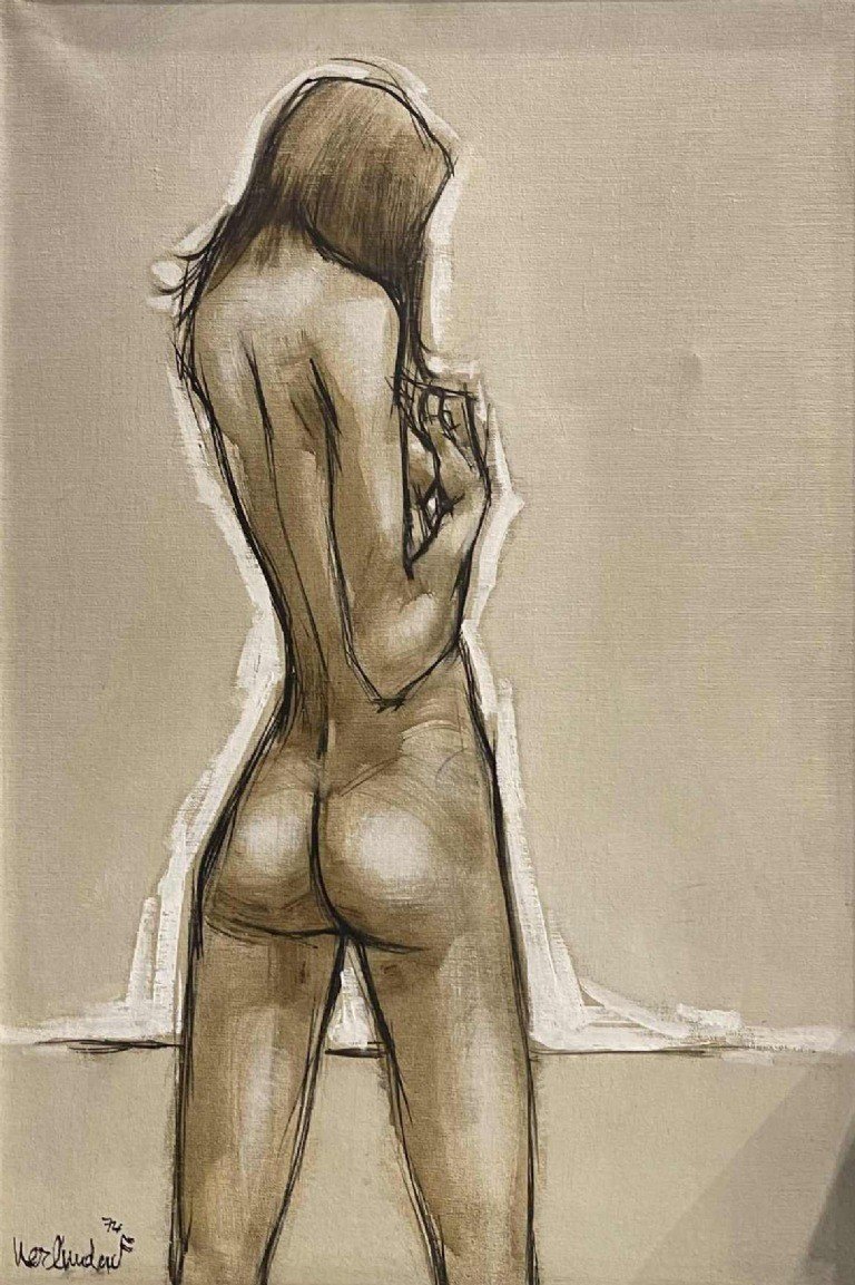 Francis Verlinden, Painting "naked Woman From Behind", Oil On Canvas Dated 1974
